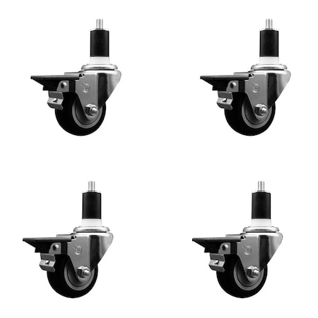 Service Caster 3'' Black Poly Swivel 1-1/2'' Expanding Stem Caster Set with Brake, 4PK SCC-EX20S314-PPUB-BLK-PLB-112-4